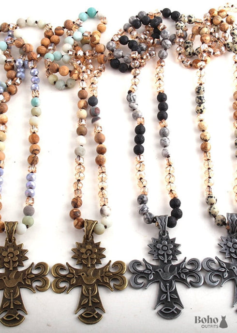 Boho Necklace, RH Precious Lava Stone, Cross and Bird